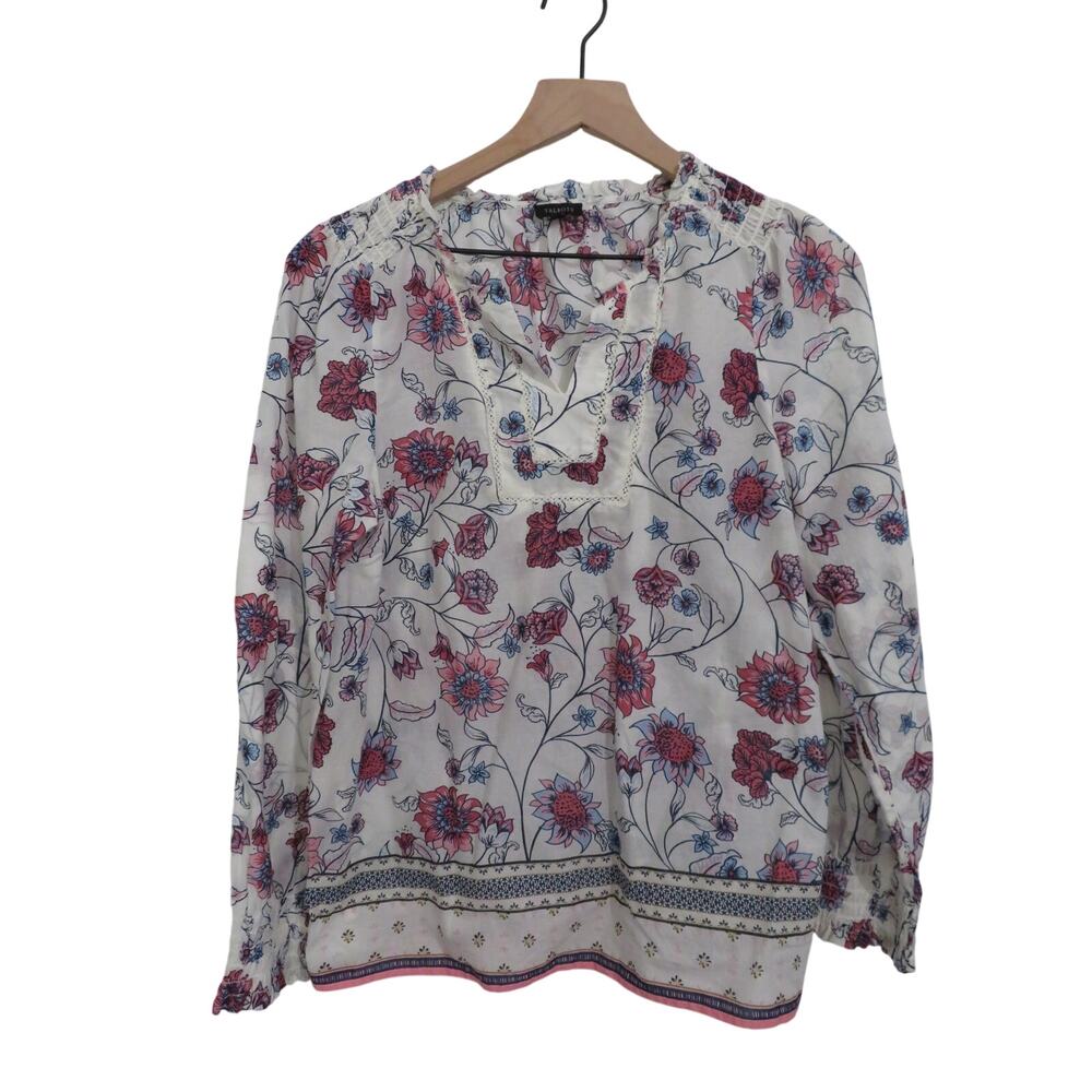 Talbots Women Sz M White Pink Floral Peasant Blouse Long Sleeve Border Print Top